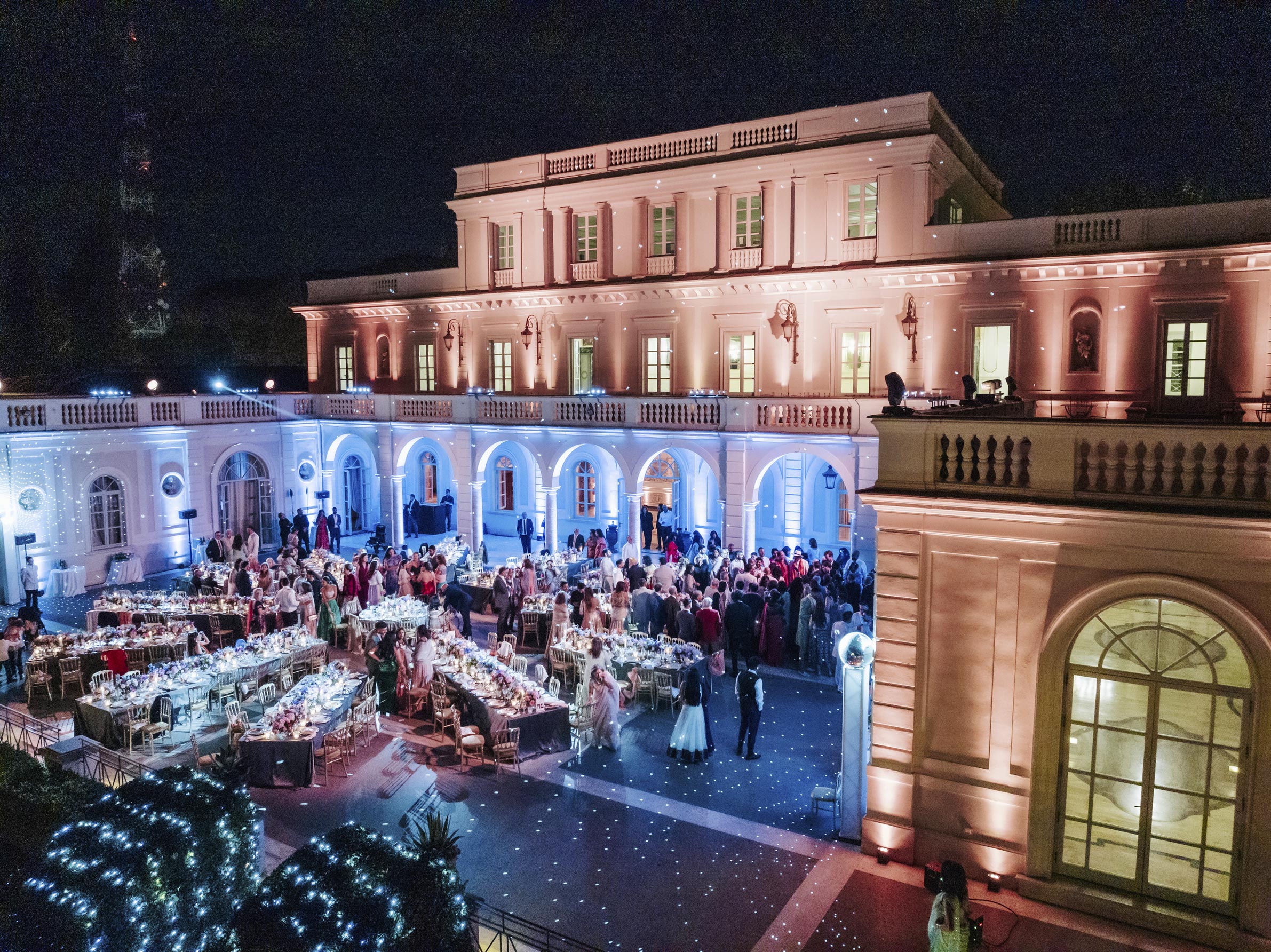 Blue lights at the wedding villa in Rome