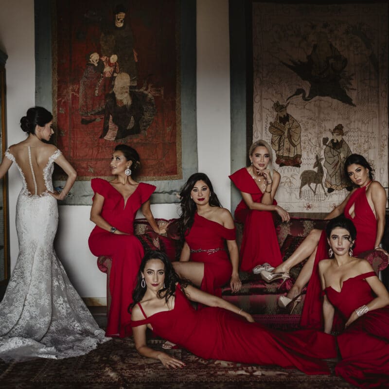 Bride and bridesmaids with red dresses