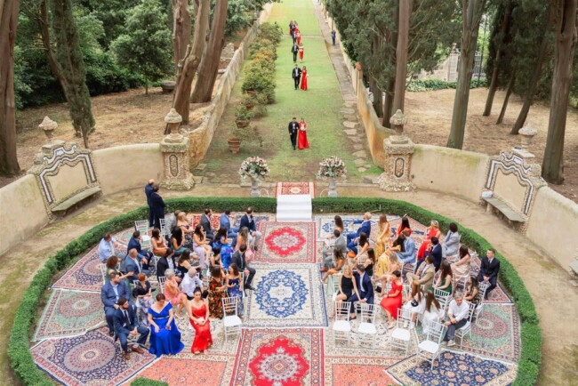 Ceremony with carpets at wedding villa with view in Florence