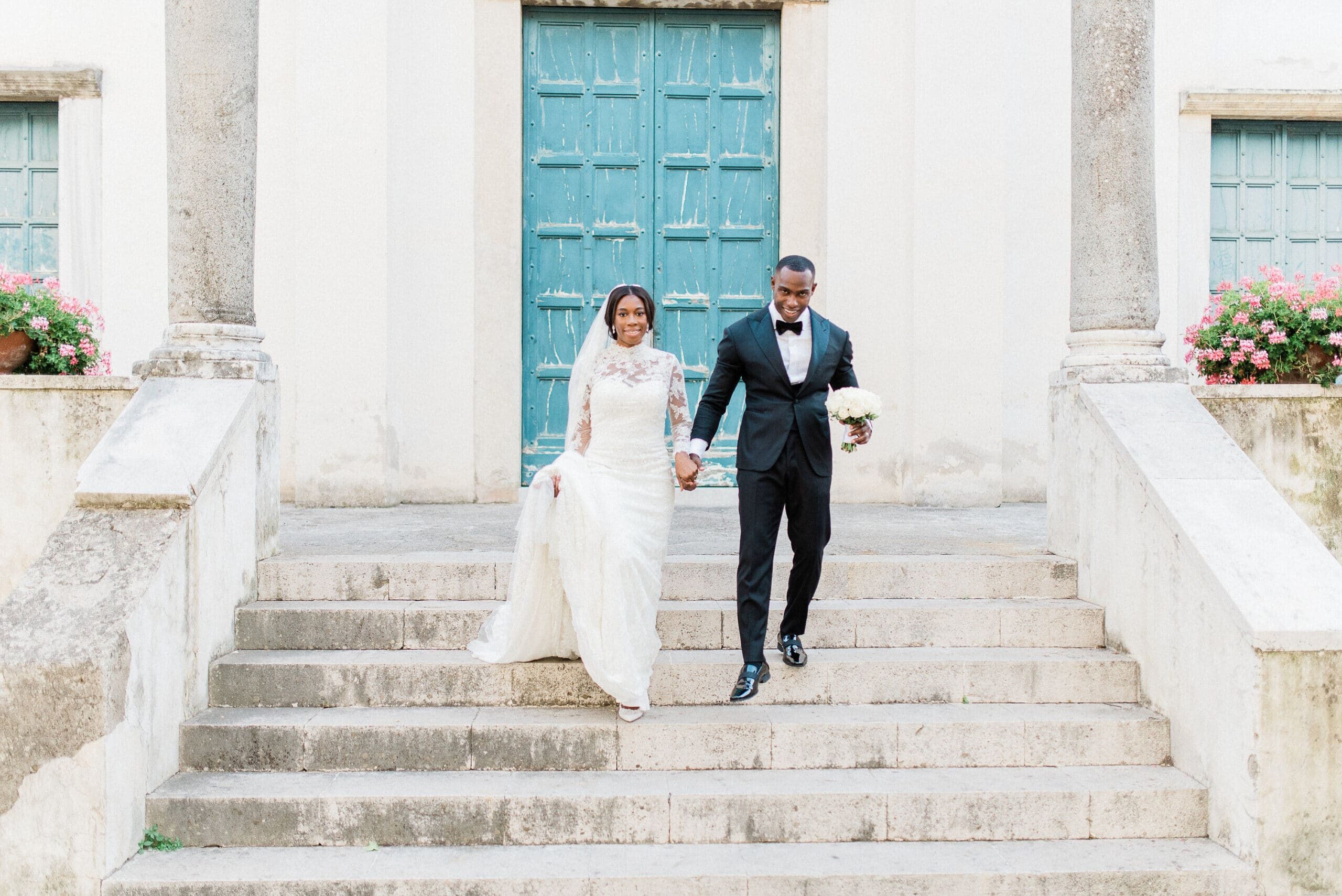 Bride and groom in front of a beautiful Church in Ravello