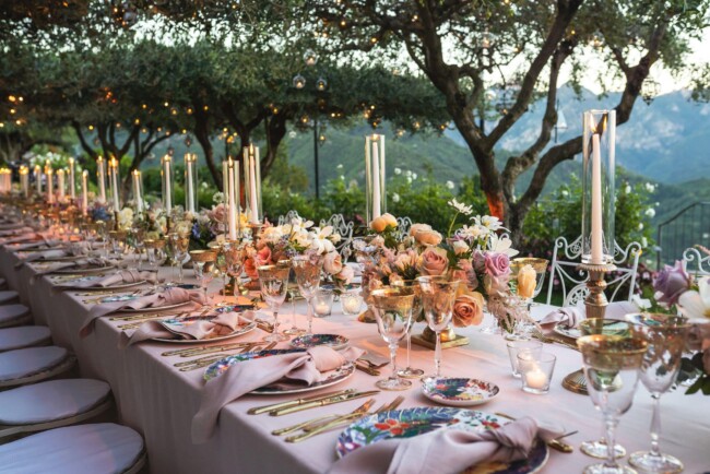 Colored table set up of elegant wedding