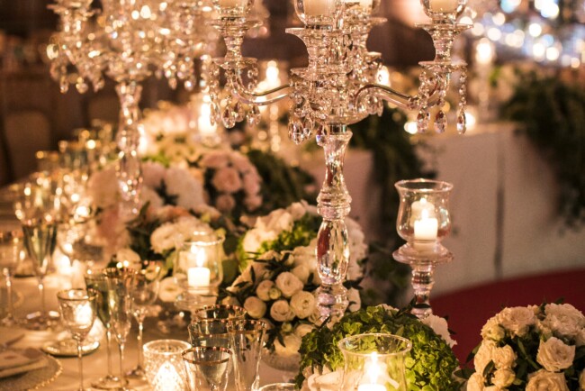 Luxury wedding table decors with cutglass candelabras