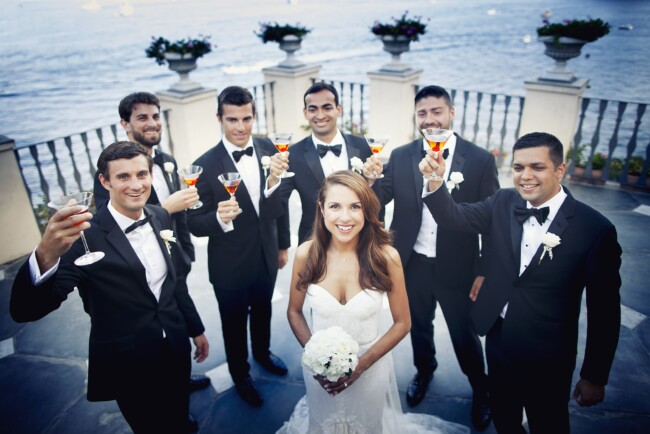 Bride and the ushers on a terrace in Portofino
