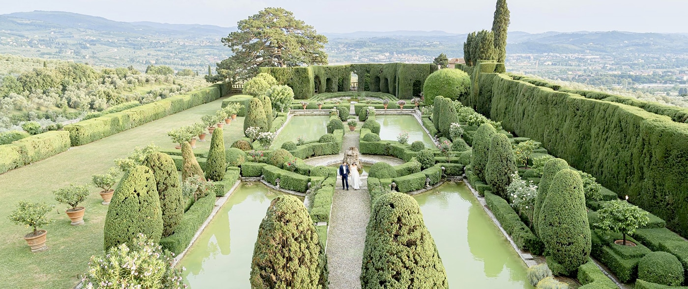 Italian style garden at wedding villa with view in Florence