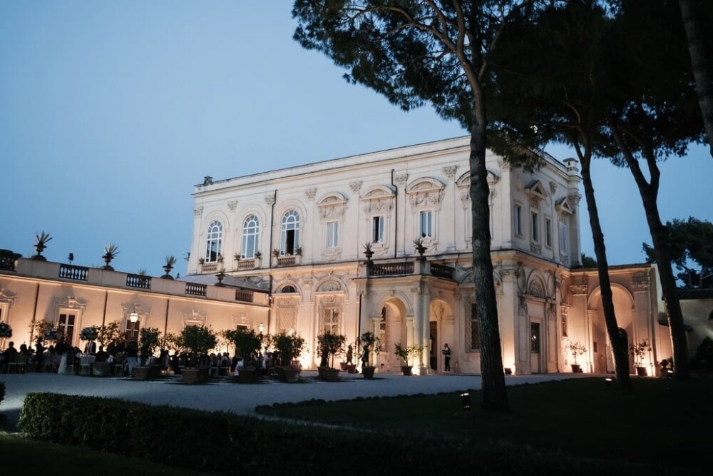 Lighting on facade of romantic wedding villa in Rome