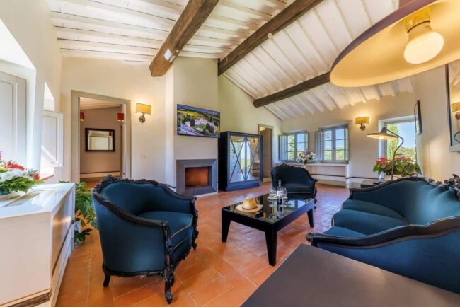 Living room of suite at elegant wedding villa in Italy