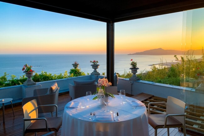 Sunset view from the restaurant of exclusive villa in the Italian Riviera