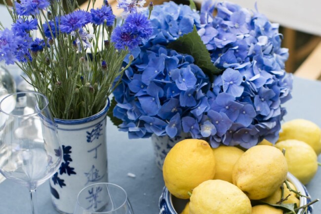 Table with lemons and blue flowers