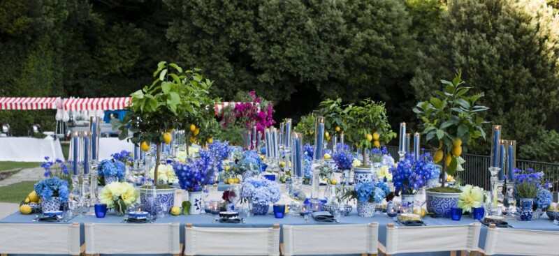 Welcome dinner table with blue candles and blue flowers