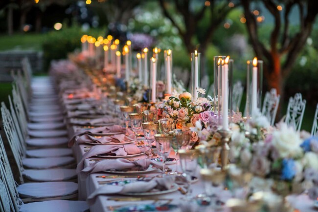Sunset view of romantic wedding dinner table