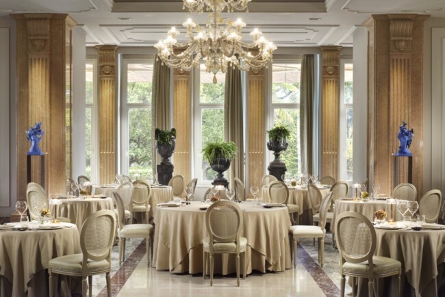 Dining room of luxury wedding hotel on Lake Garda