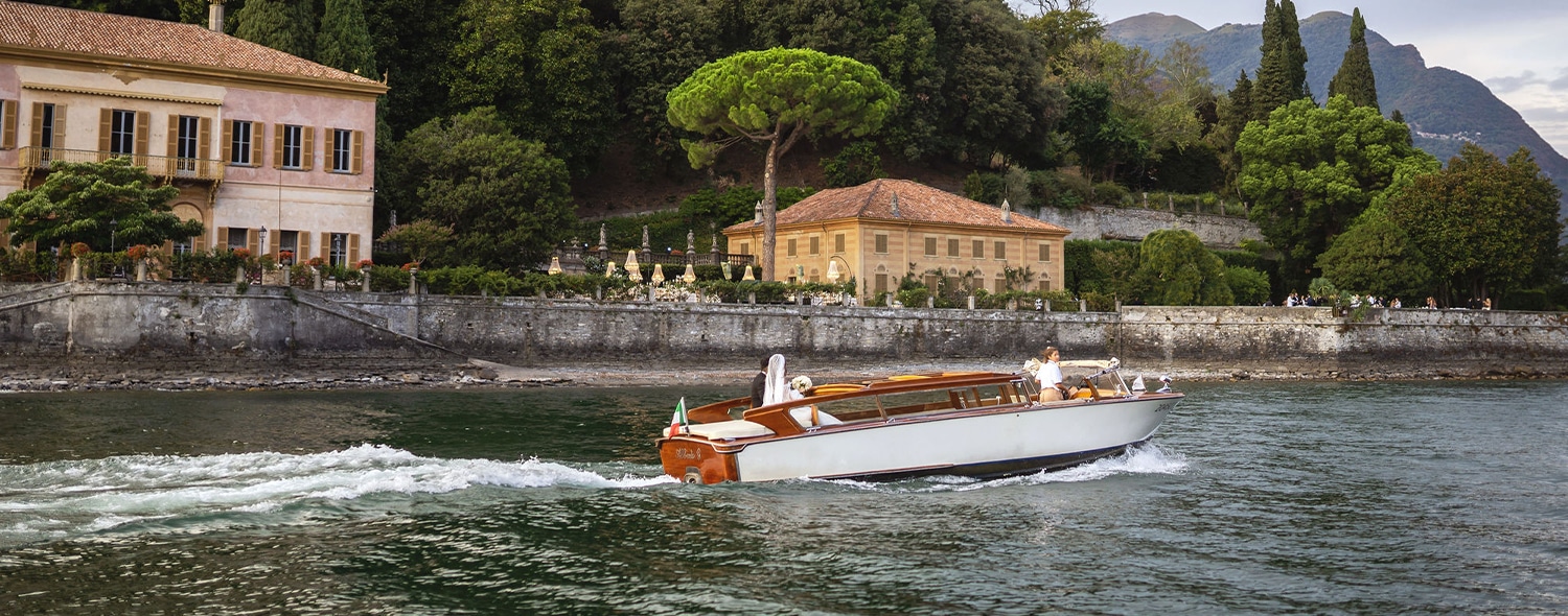 Lake Como boat with bride and groom
