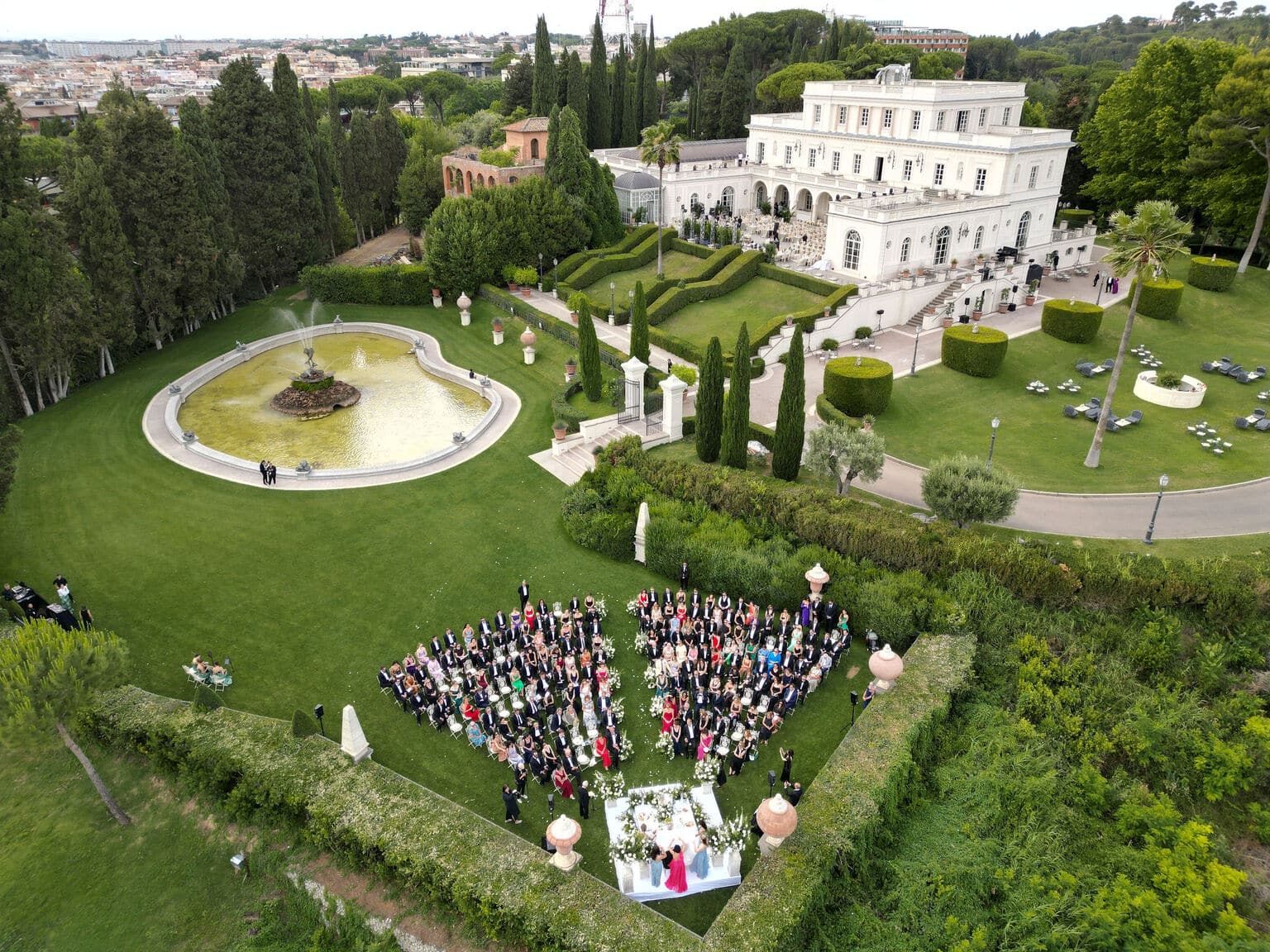 Aerial view of ceremony at the wedding villa in Rome